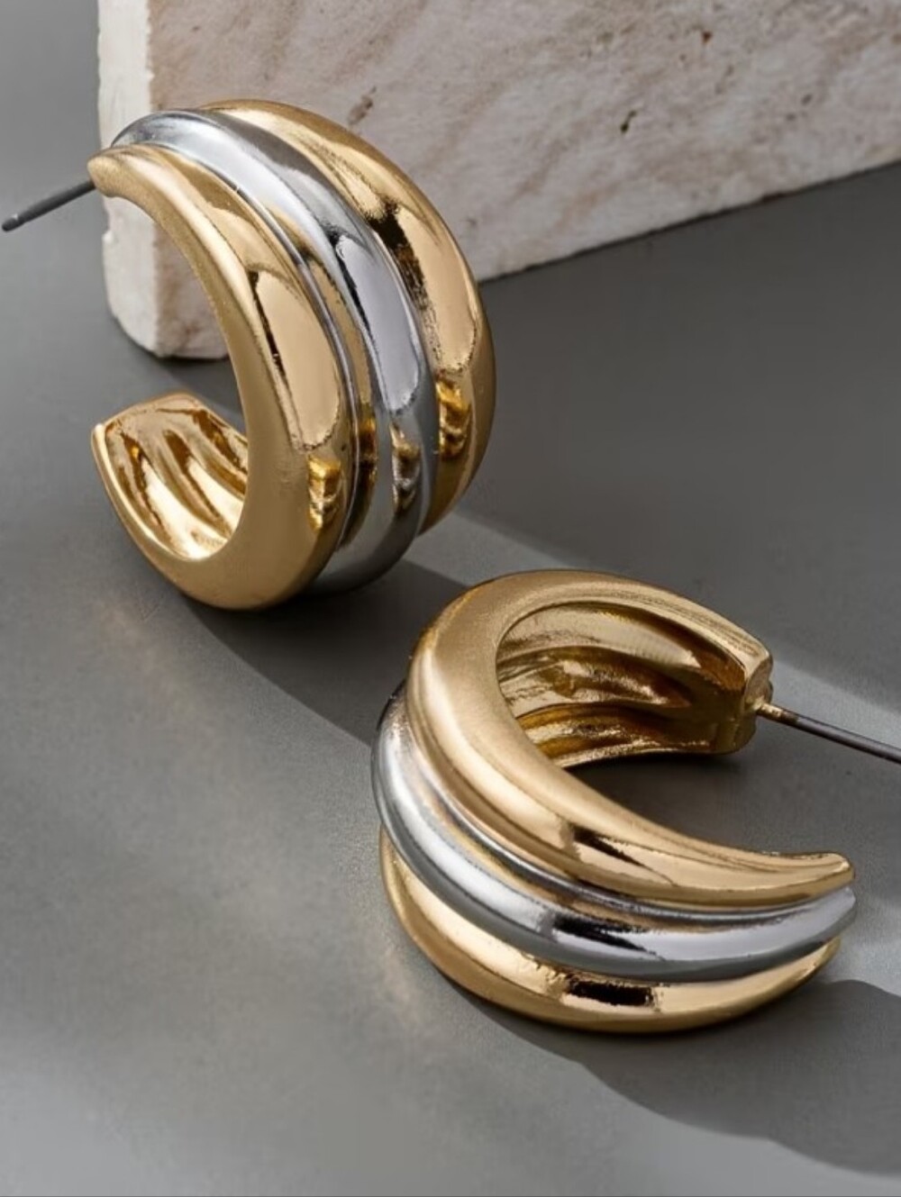 NEW! Classic Two-Tone Gold and Silver Chunky Half Hoop Post Earrings